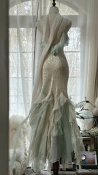 Beautiful Light Blue V-neck Ruffled Beaded Chiffon Mermaid Long Prom Dress