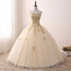 Beautiful Light Champagne Ball Gown Party Dress, Sweet 16 Dress With Gold Applique