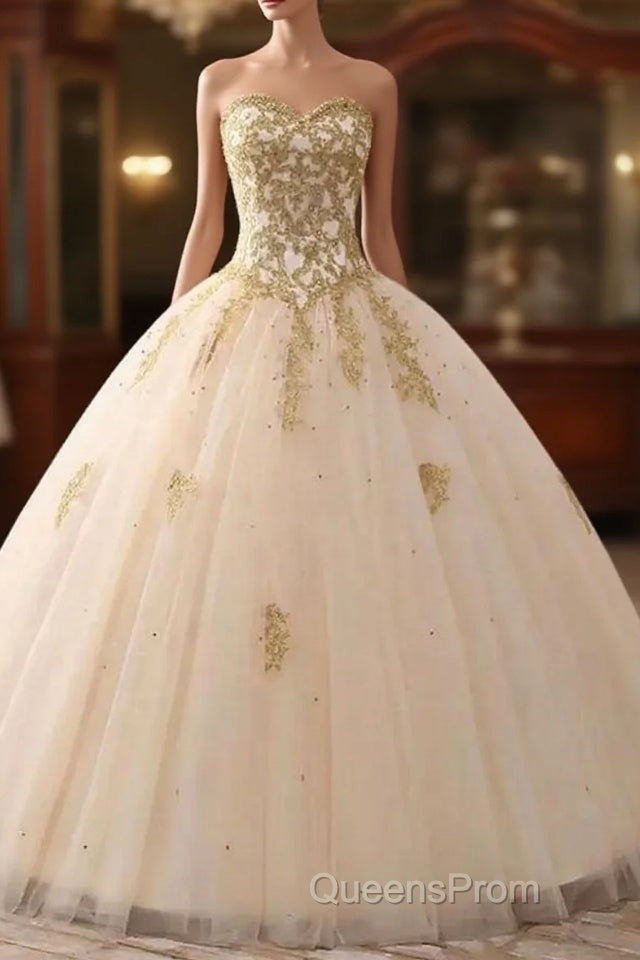 Beautiful Light Champagne Ball Gown Party Dress, Sweet 16 Dress With Gold Applique Main image