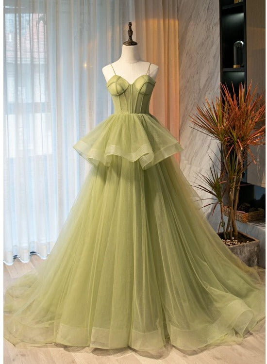 Beautiful Light Green Sweetheart Layers Princess Classy Gown, Green Tulle Long Party Dress Main image