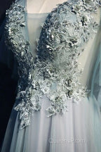 Beautiful Light Green Tulle Long Party Dress, Green Lace Low Back Evening Prom Dress Evening Dress