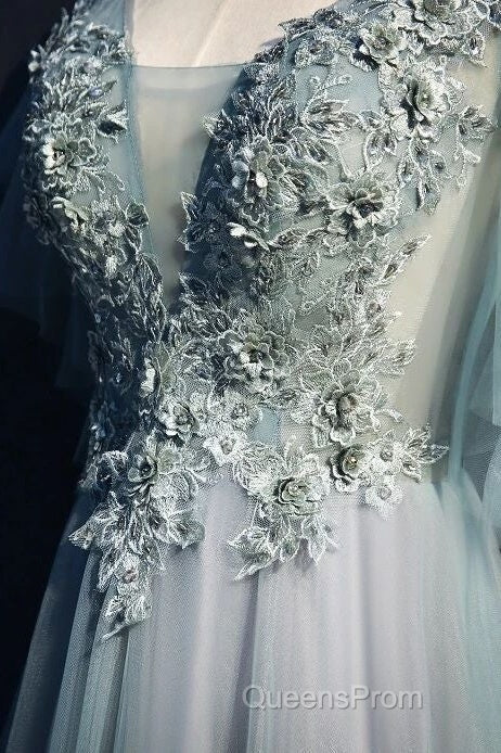 Beautiful Light Green Tulle Long Party Dress, Green Lace Low Back Evening Prom Dress Evening Dress