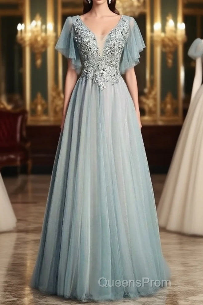 Beautiful Light Green Tulle Long Party Dress, Green Lace Low Back Evening Prom Dress Evening Dress Main image