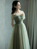 Green Beautiful Charming Floral Applique Tulle Long Classy Prom Dress,Classy Evening Dress,Party Dress