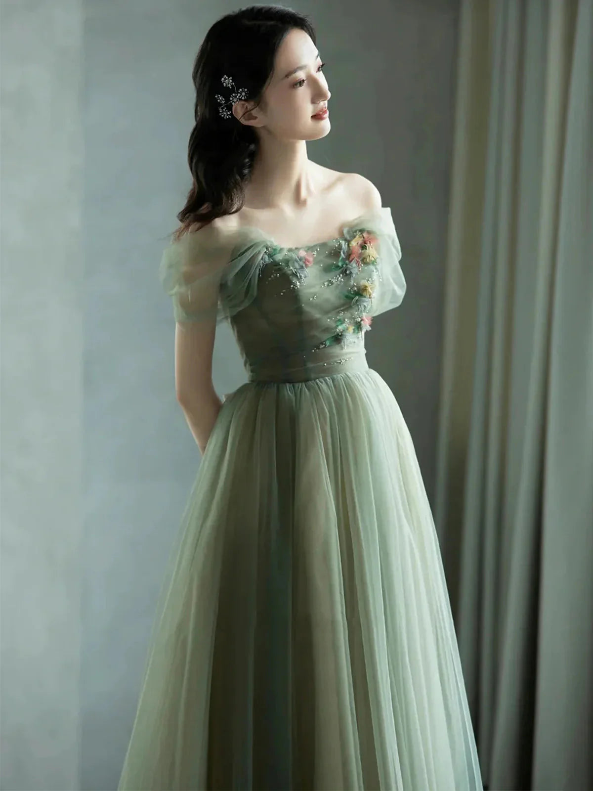 Green Beautiful Charming Floral Applique Tulle Long Classy Prom Dress,Classy Evening Dress,Party Dress