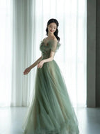 Green Beautiful Charming Floral Applique Tulle Long Classy Prom Dress,Classy Evening Dress,Party Dress