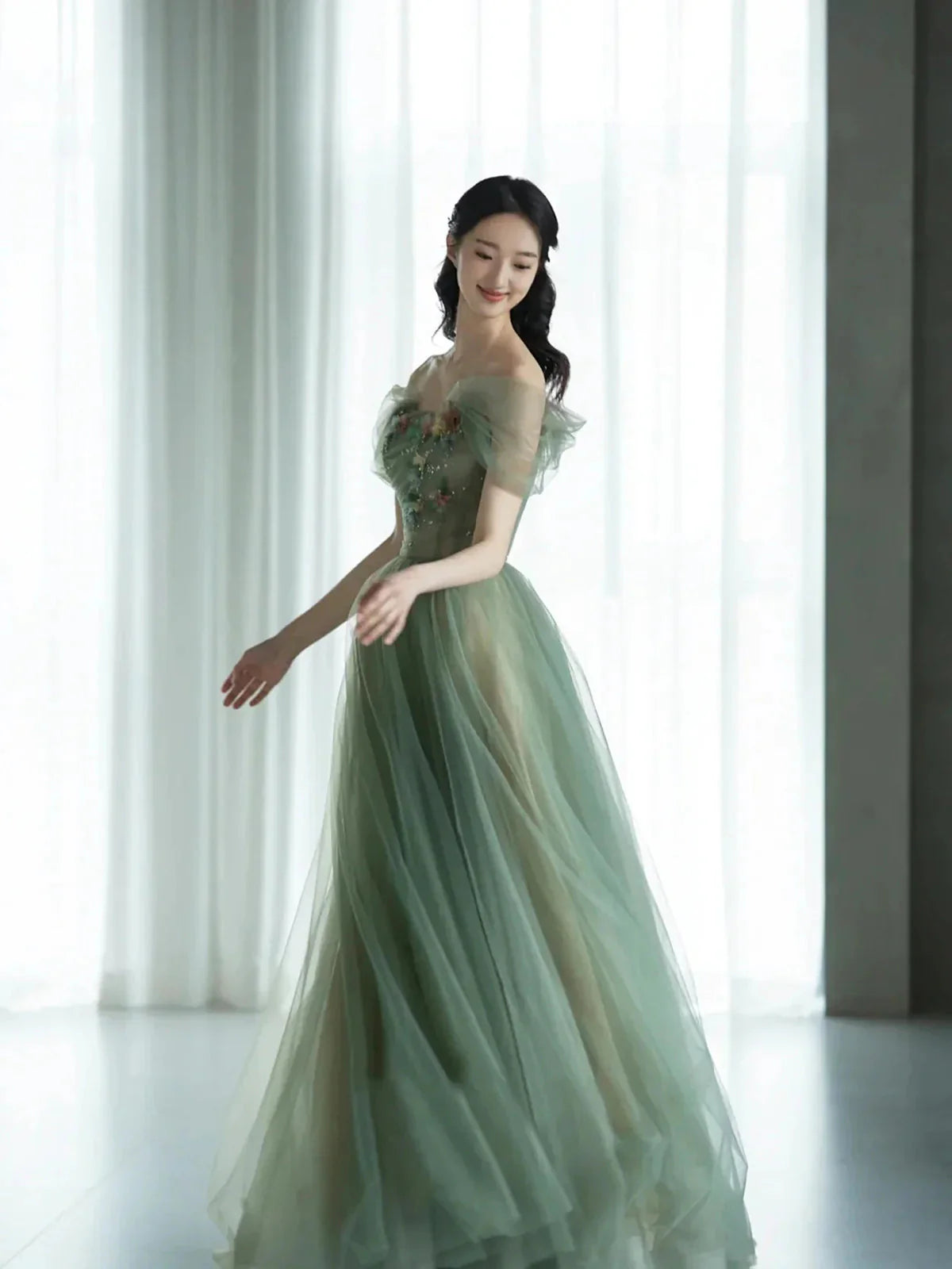 Green Beautiful Charming Floral Applique Tulle Long Classy Prom Dress,Classy Evening Dress,Party Dress