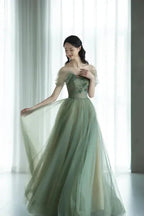 Green Beautiful Charming Floral Applique Tulle Long Classy Prom Dress,Classy Evening Dress,Party Dress