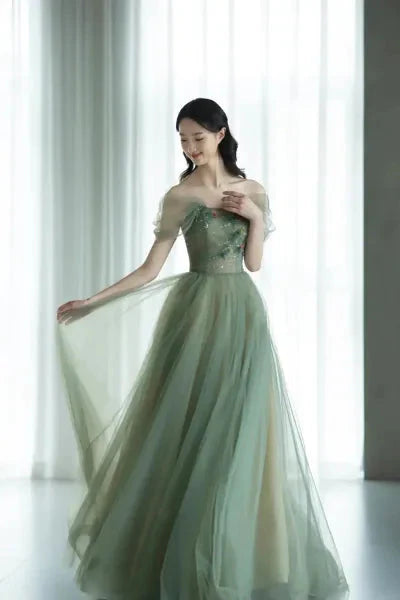 Green Beautiful Charming Floral Applique Tulle Long Classy Prom Dress,Classy Evening Dress,Party Dress