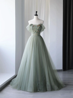 Green Beautiful Charming Floral Applique Tulle Long Classy Prom Dress,Classy Evening Dress,Party Dress