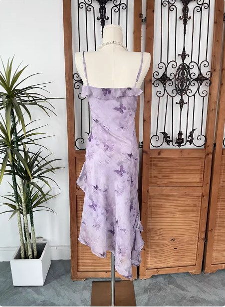 Beautiful Light Purple Spaghetti Strap Butterfly Printed Chiffon Classy Prom Dress Secondary image