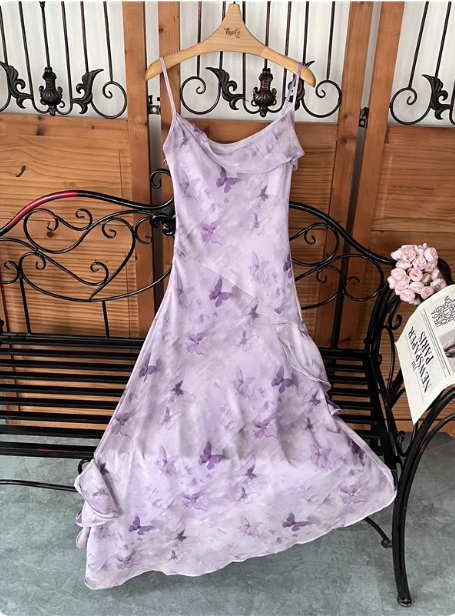 Beautiful Light Purple Spaghetti Strap Butterfly Printed Chiffon Classy Prom Dress