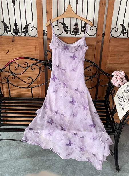 Beautiful Light Purple Spaghetti Strap Butterfly Printed Chiffon Classy Prom Dress