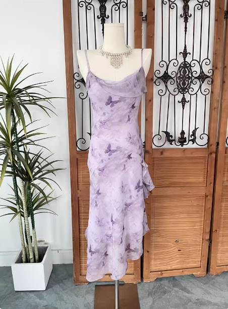 Beautiful Light Purple Spaghetti Strap Butterfly Printed Chiffon Classy Prom Dress Main image
