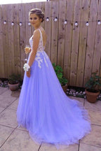 Beautiful Light Purple Tulle Dress, White Lace And Lavender Classy Prom Dress