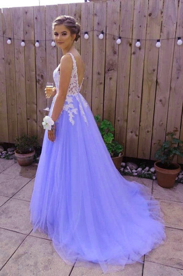 Beautiful Light Purple Tulle Dress, White Lace And Lavender Classy Prom Dress