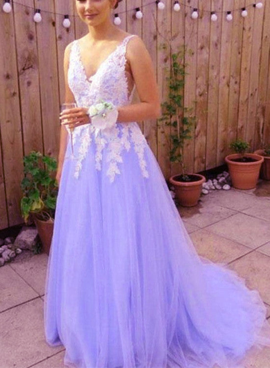 Beautiful Light Purple Tulle Dress, White Lace And Lavender Classy Prom Dress Main image