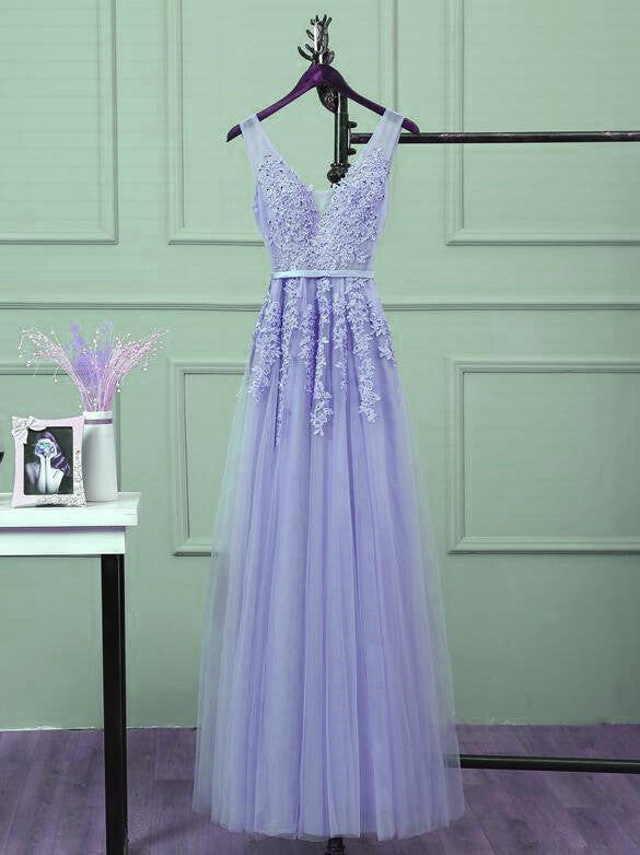 Beautiful Light Purple Tulle Long Party Gown, A-Line V-Neckline Classy Prom Dress Secondary image