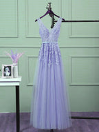Beautiful Light Purple Tulle Long Party Gown, A-Line V-Neckline Classy Prom Dress