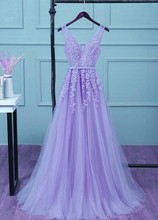 Beautiful Light Purple Tulle Long Party Gown, A-Line V-Neckline Classy Prom Dress Main image