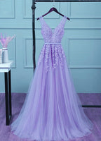 Beautiful Light Purple Tulle Long Party Gown, A-Line V-Neckline Classy Prom Dress