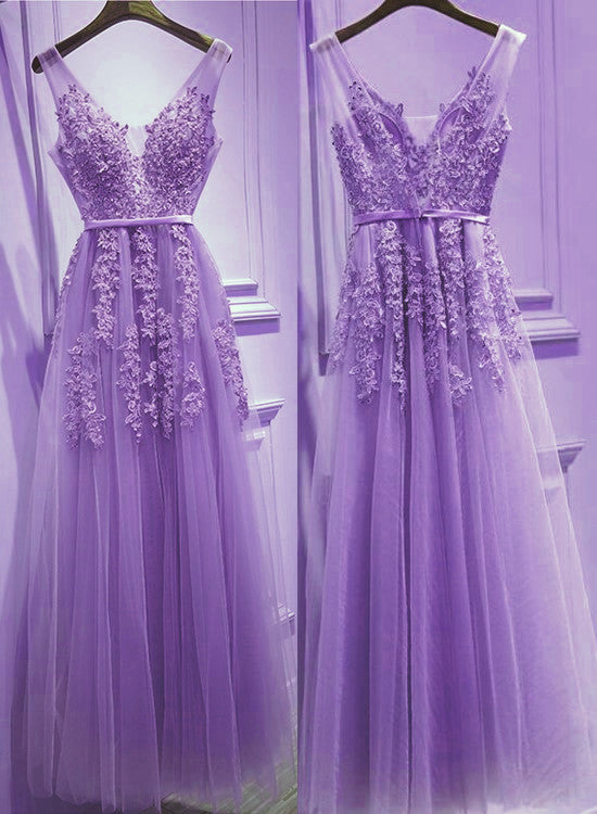 Beautiful Light Purple Tulle V-Neckline Party Dress , Tulle Classy Gowns Secondary image