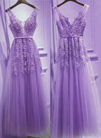 Beautiful Light Purple Tulle V-Neckline Party Dress , Tulle Classy Gowns