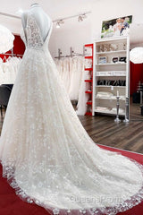 Beautiful Long A-Line Lace Appliques Tulle Open Back Wedding Dress