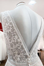 Beautiful Long A-Line Lace Appliques Tulle Open Back Wedding Dress