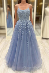 Beautiful Long A-line Scoop Neck Tulle Lace Formal Evening Prom Dress
