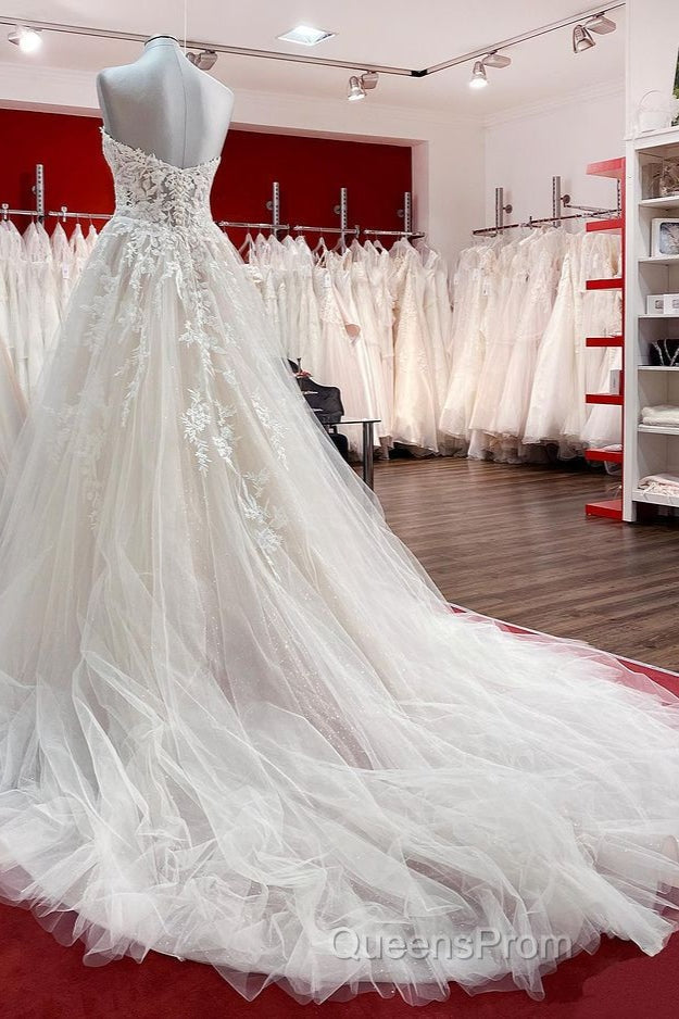 Beautiful Long A-line Strapless Tulle Ivory Wedding Dress with Appliques Lace Secondary image