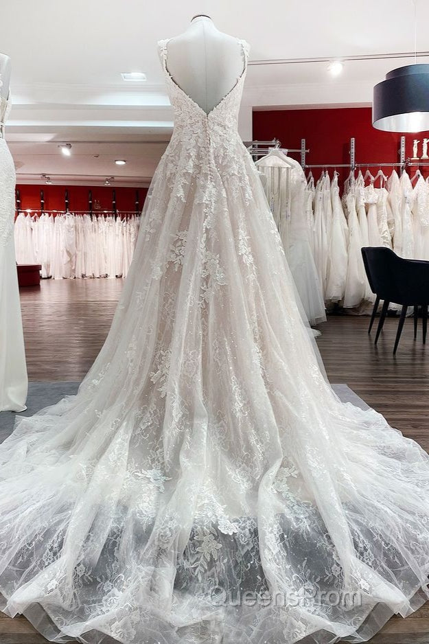 Beautiful Long A-line Tulle Lace V Neck Open Back Wedding Dress Secondary image