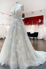 Beautiful Long A-line Tulle Lace V Neck Open Back Wedding Dress