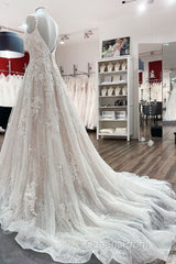 Beautiful Long A-line Tulle Lace V Neck Open Back Wedding Dress