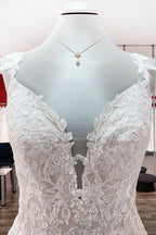 Beautiful Long A-line Tulle Lace V Neck Open Back Wedding Dress