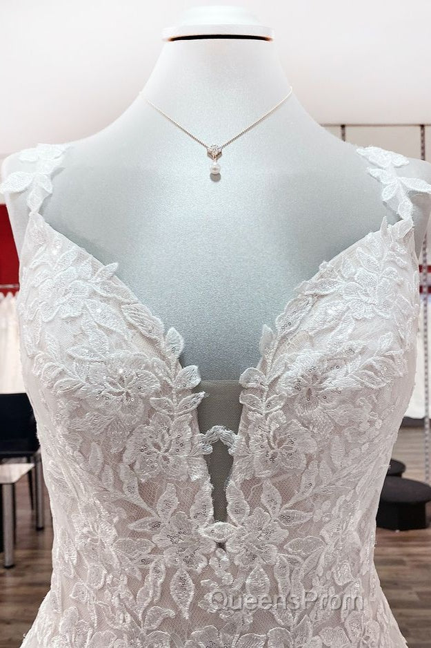 Beautiful Long A-line Tulle Lace V Neck Open Back Wedding Dress