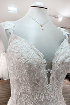 Beautiful Long A-line Tulle Lace V Neck Open Back Wedding Dress