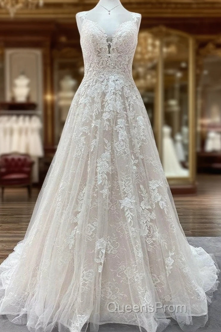 Beautiful Long A-line Tulle Lace V Neck Open Back Wedding Dress Main image