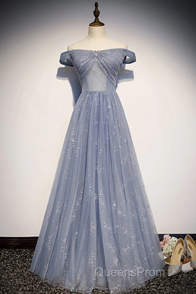 Beautiful Long Strapless Blue Tulle Beaded Long, A Line Off Shoulder Evening Prom Dress Secondary image
