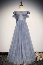Beautiful Long Strapless Blue Tulle Beaded Long, A Line Off Shoulder Evening Prom Dress