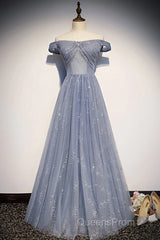 Beautiful Long Strapless Blue Tulle Beaded Long, A Line Off Shoulder Evening Prom Dress