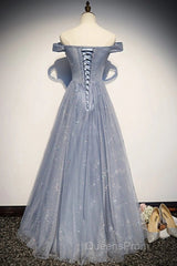 Beautiful Long Strapless Blue Tulle Beaded Long, A Line Off Shoulder Evening Prom Dress