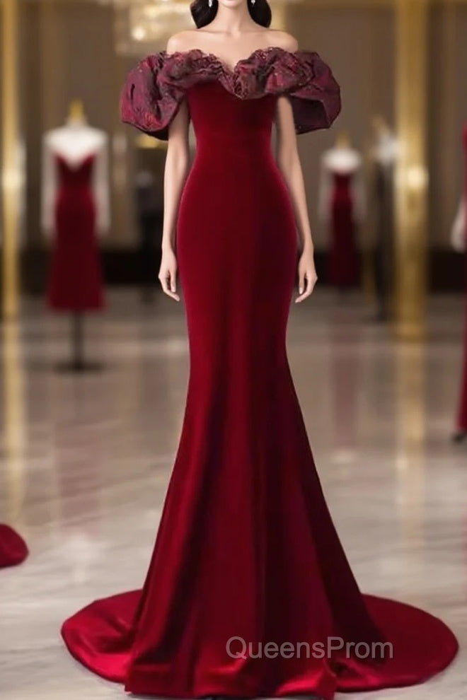 Beautiful Mermaid Off The Shoulder Long Red Evening Prom Dress Main image