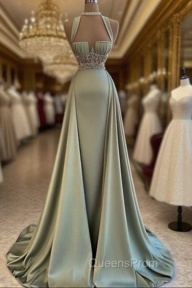 Beautiful Mermaid Sage Green Long Satin Evening Prom Dress