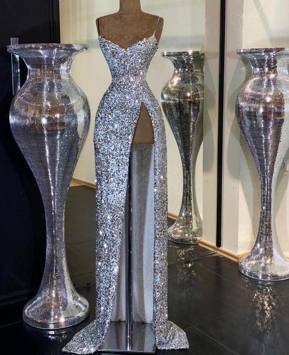 Beautiful Mermaid Spaghetti Straps Sparkly Sequins Long Classy Prom Classy Evening Dress With Slit
