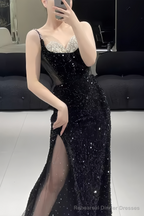 Beautiful Mermaid Straps Slit Black Long Prom Dress