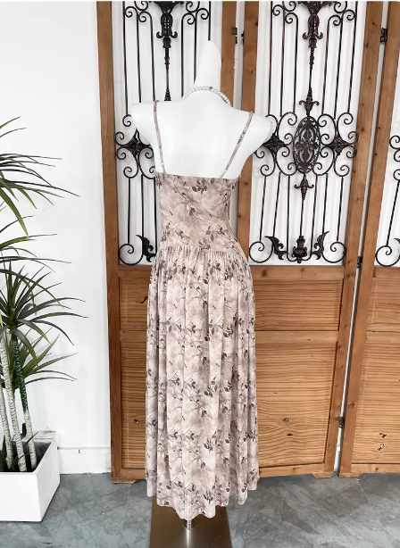 Beautiful Milk Tea Color Spaghetti Strap V-Neck Printed Satin Long Classy Prom Dress Secondary image