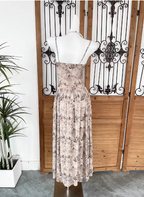 Beautiful Milk Tea Color Spaghetti Strap V-Neck Printed Satin Long Classy Prom Dress