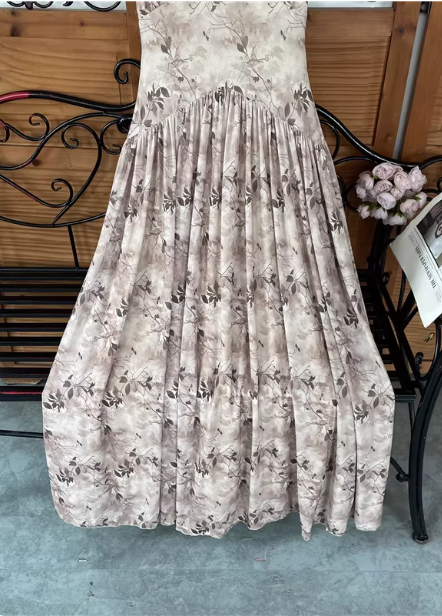 Beautiful Milk Tea Color Spaghetti Strap V-Neck Printed Satin Long Classy Prom Dress