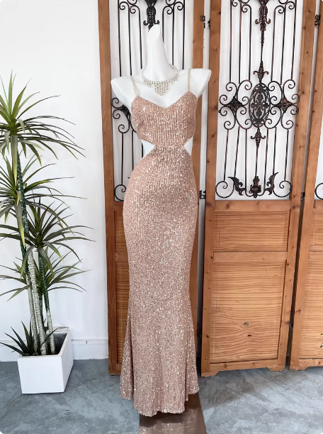 Beautiful Milk Tea Color Spaghetti Strap V-Neck Printed Satin Long Classy Prom Dress